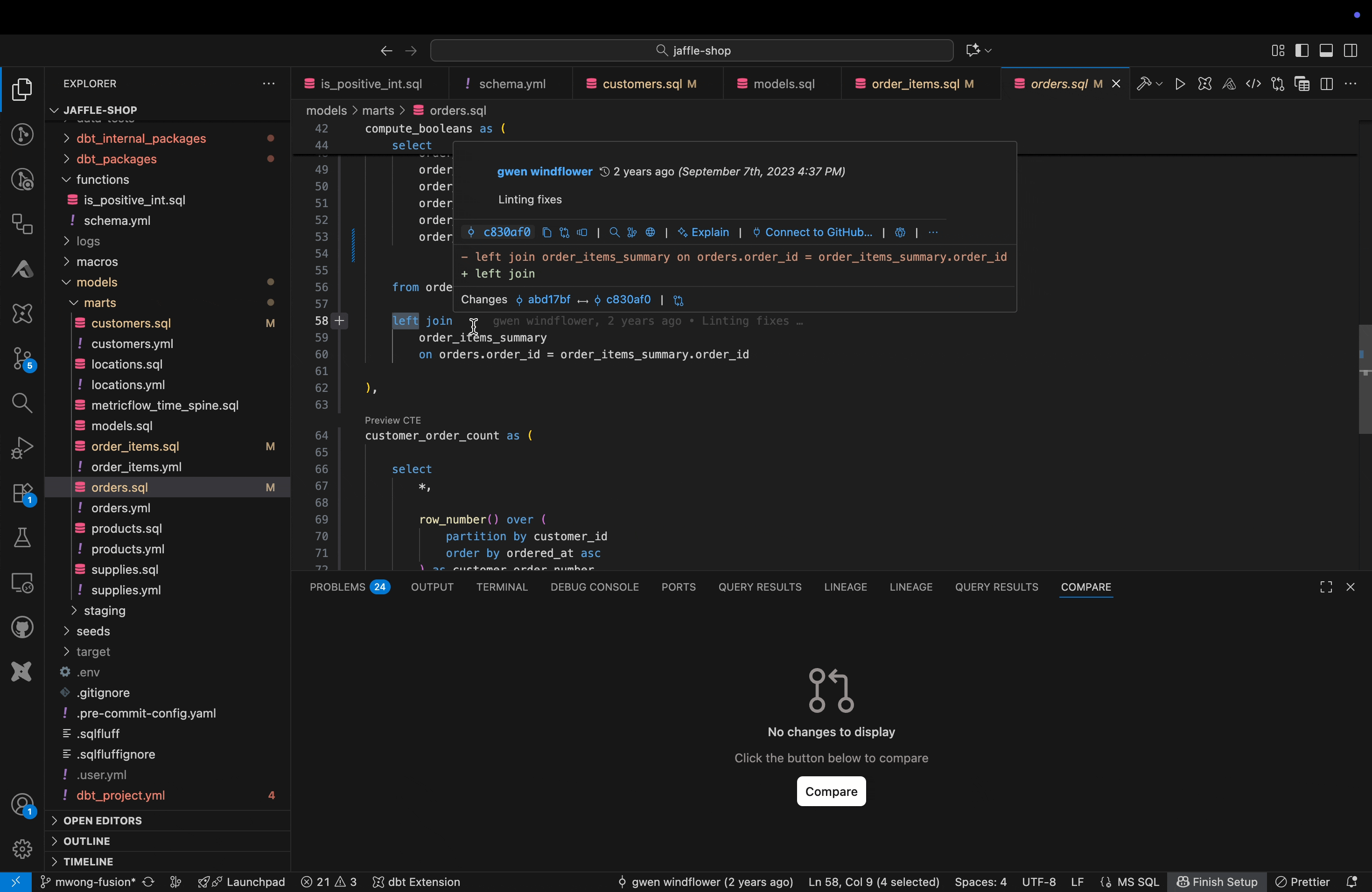 Example of the Compare tab
